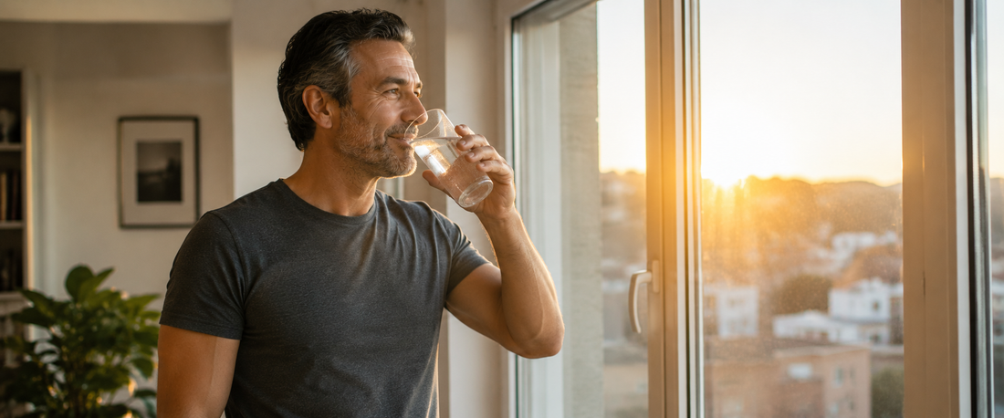 Uomo maturo in forma vicino alla finestra al mattino con un bicchiere d'acqua, luce solare calda